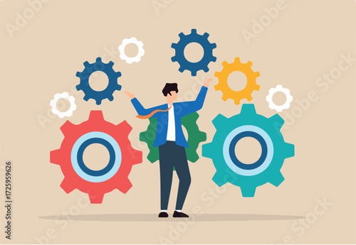 Flat illustration of businessman stand on interconnected gear cogwheel symbolizing process and workflow optimization