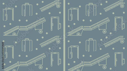 Repeated pattern of luggage, boarding stairs, and doors on a blue background with small circles