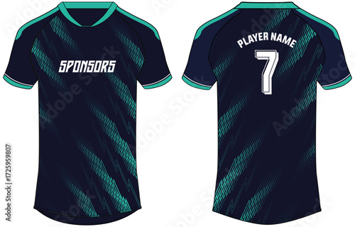 Sports t-shirt jersey design flat sketch illustration, Abstract stripe v neck Football jersey concept with front and back view for Soccer, Cricket, Volleyball, Rugby, tennis, badminton uniform kit