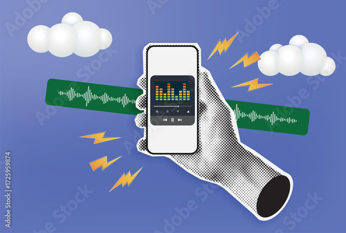 Pop art halftone collage of a hand holding smartphone with music player interface, equalizer bars, and sound waves. Concept of mobile audio streaming, online radio, podcast listening, digital music, s