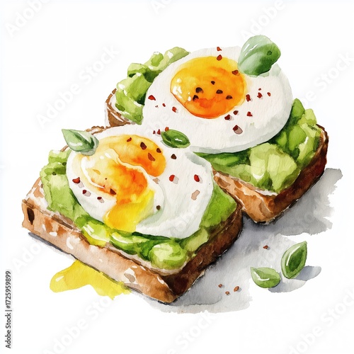 Watercolor illustration of healthy breakfast toast with mashed avocado and poached egg