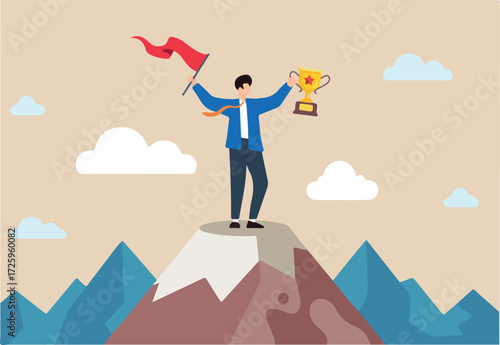 Flat illustration of success businessman holds winning flag and trophy on mountain peak symbolizing leadership
