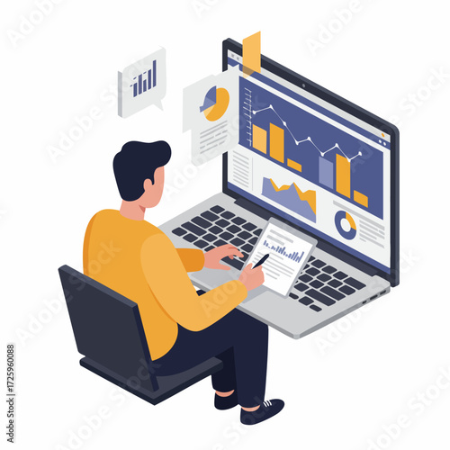 Isometric Man Analyzing Data on Laptop with Charts and Graphs Illustration