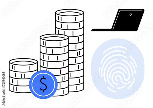 Stacked coins, laptop, and fingerprint symbolizing online transactions, monetary management, and secure identity verification. Ideal for finance, cybersecurity, e-commerce, authentication banking