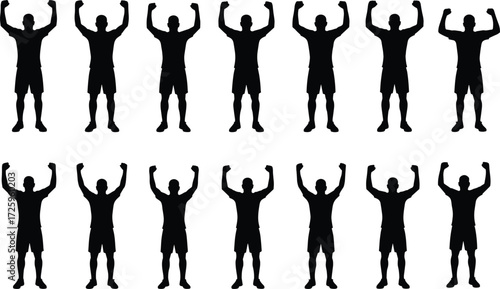 Black silhouettes of men standing with arms raised in a victorious pose, isolated on a white background, representing success and achievement
