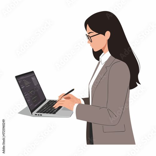Flat Illustration Focused Woman Typing on Laptop Computer at Work