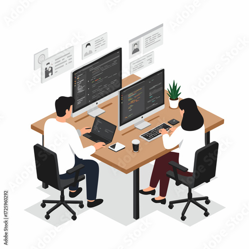 Isometric Professional Programmer Working Together at Desk with Multiple Monitors