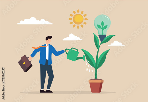 Flat illustration of businessman watering ecology plant with clean energy lightbulb symbolizing sustainability and eco friendly practice