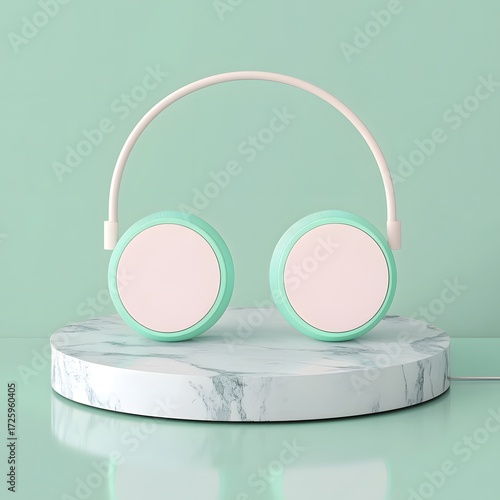 Mint Green Headphones on Marble Display Stand Minimalist Product Mockup