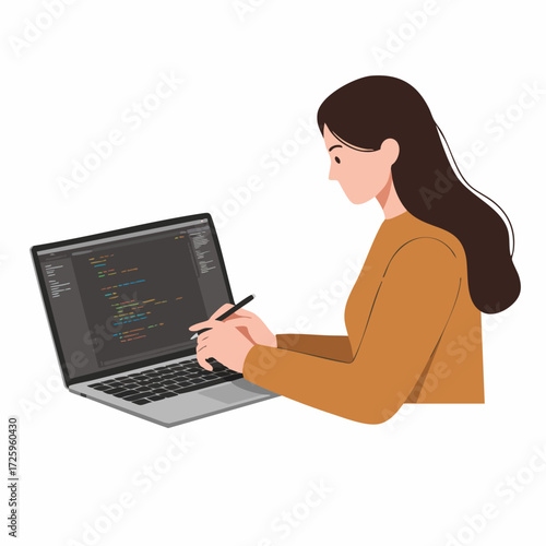 Flat Illustration of Woman Coding on Laptop Computer for Web Development