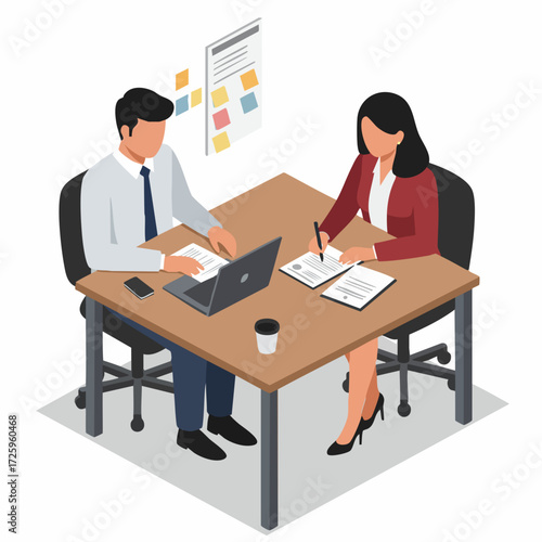Isometric Flat Illustration Business Meeting at Table with Laptop and Documents