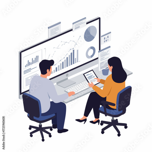 Isometric Business Data Analysis Teamwork on Computer Screen Illustration