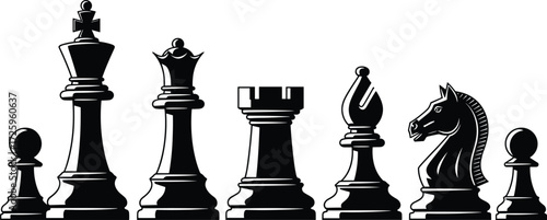Black chess pieces on a white background, representing strategy, competition, intelligence, victory, game, and classic challenge