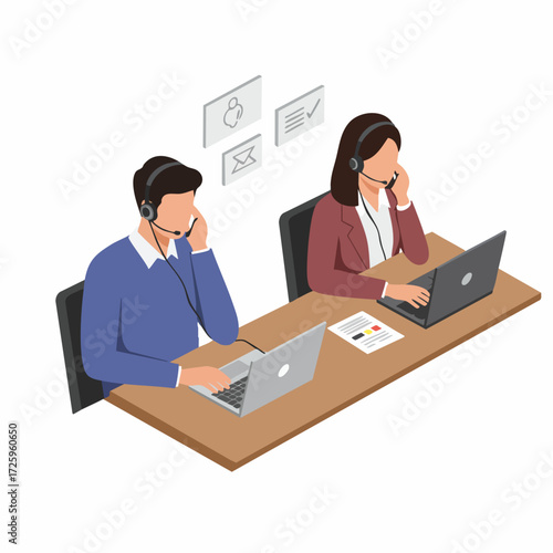 Isometric Style Detailed Call Center Operators with Laptop and Headset Illustration