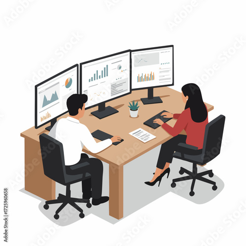 Isometric Two Colleagues Working at Trading Desk with Multiple Monitors