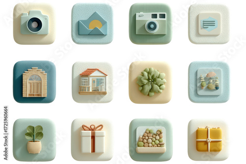 Collection of modern 3D user interface icons for applications.
