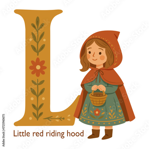 Little Red Riding Hood with floral Letter L, cozy folk-style vector for alphabet learning, nursery posters, personalized initials, kids’ books, flashcards, classroom decor, and fairytale projects