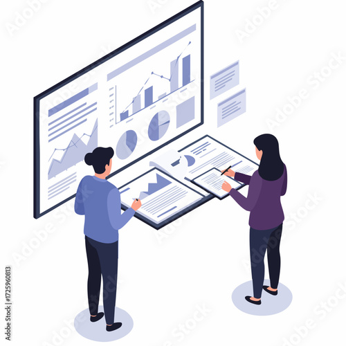 Isometric Illustration of Business Data Analysis with People and Charts