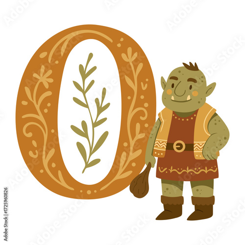 Cute ogre with floral Letter O  folk style vector for alphabet learning, nursery posters, personalized initials, children’s books, flashcards, emblems, and fairytale-themed classroom decor