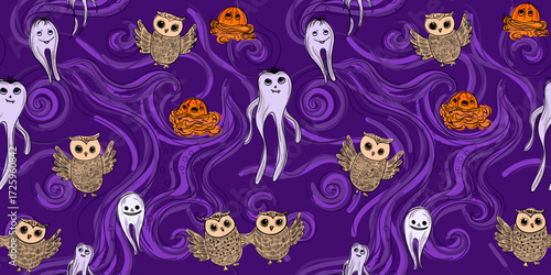 Playful seamless Halloween pattern featuring hand-drawn ghosts, owls, and pumpkins against a whimsical purple smoky sky. Perfect for festive designs, kids’ clothing, party decorations, wrapping paper