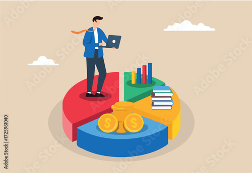 Flat illustration of businessman works on laptop analyzing pie chart for asset allocation and financial diversification