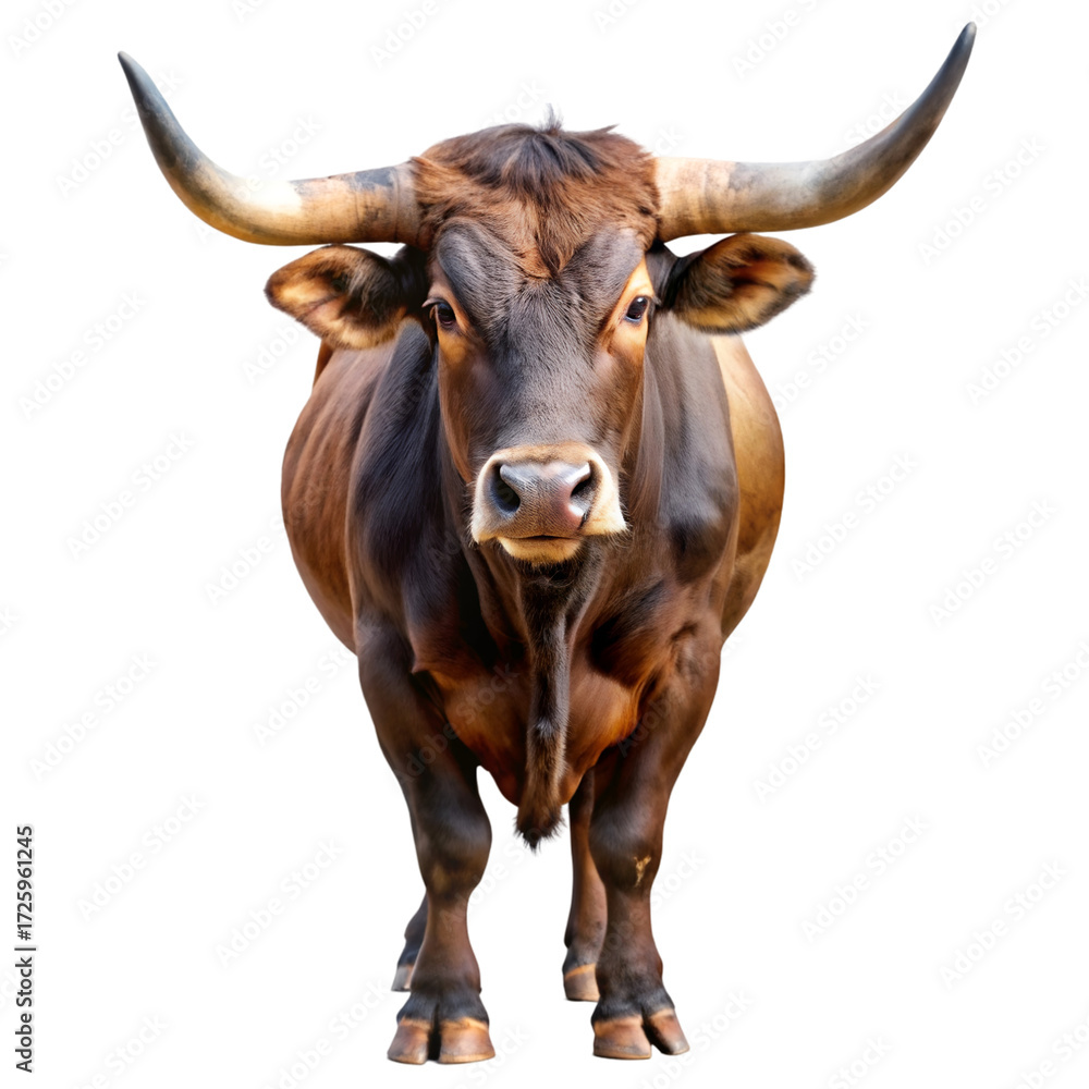 Naklejka premium Brown bull with large curved horns standing on a black background animal mammal
