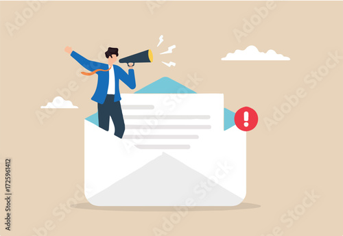 Flat illustration of businessman announcing message using megaphone standing inside open envelope with notification badge email marketing or important communication alert