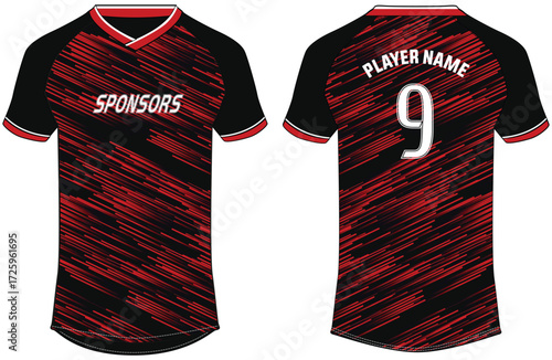 Sports t-shirt jersey design flat sketch illustration, Abstract stripe v neck Football jersey concept with front and back view for Soccer, Cricket, Volleyball, Rugby, tennis, badminton uniform kit
