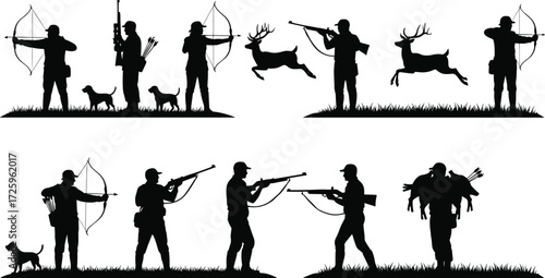 Set of black silhouettes of hunters with rifles, bows, dogs, and deer in nature, for a hunting and outdoor adventure concept