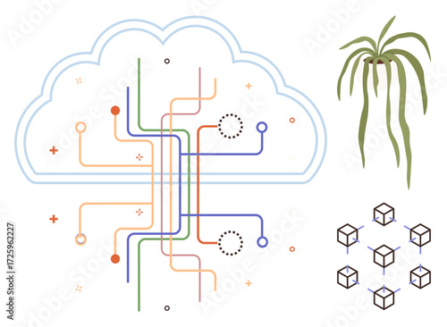 Cloud outline with interconnected pathways, a green plant symbolizing sustainability, and cube grid structures. Ideal for tech, innovation, connections, blockchain, growth, sustainability simple