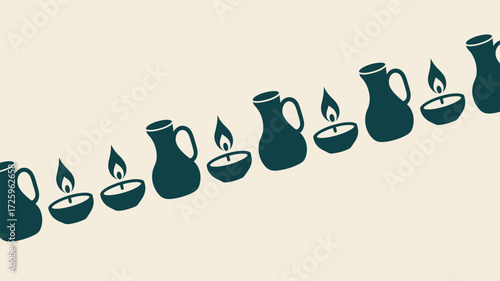 A repeating pattern of dark green pitchers and lit candles on a light beige background diagonally set