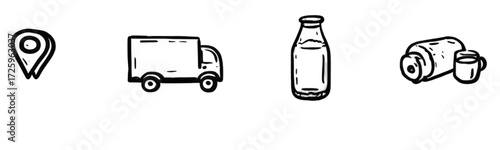 Set of four black and white sketch icons for delivery.