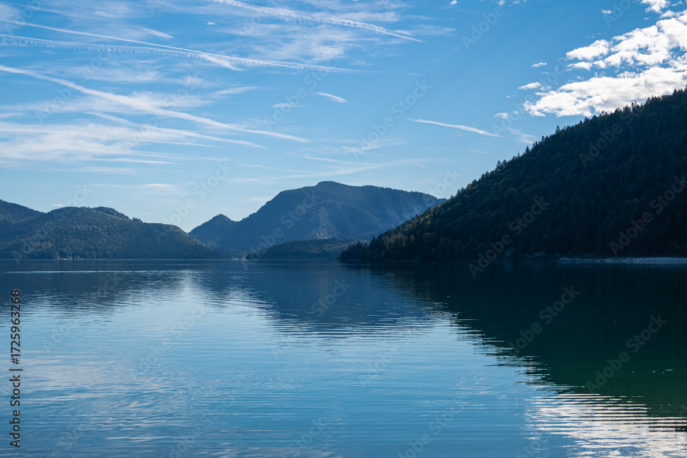 Naklejka premium Pure nature and ecology with forestes on the mountains around the blue lake