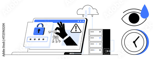 Hand stealing a key from a laptop screen with password and alert symbols. Eye with tear, clock, and server represent data privacy, time sensitivity, online safety, hacking risks. Ideal