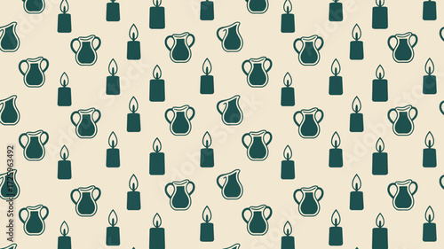 A repeating pattern of dark teal candles and pitchers on a light beige background evenly distributed