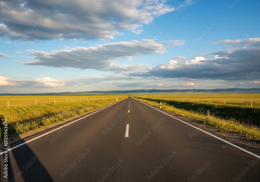 Naklejka premium Bright sunlight on an endless straight asphalt road stretching towards blue horizon, symbolizing freedom, exploration, and the spirit of adventurous travel