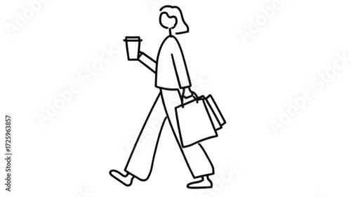 Minimalist line art of a woman walking with coffee and shopping bags.
