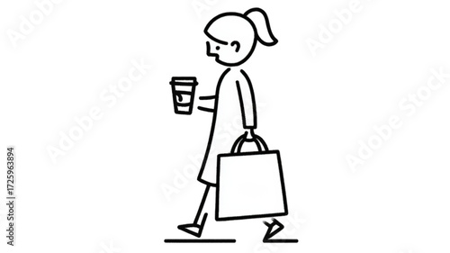 Simple line drawing of a woman walking with coffee and a shopping bag.