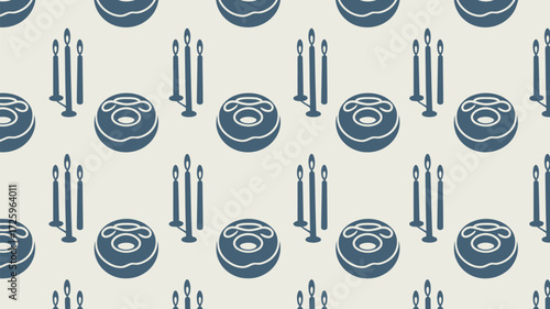 Repeated pattern of blue donuts and candles on a light background in a symmetrical arrangement