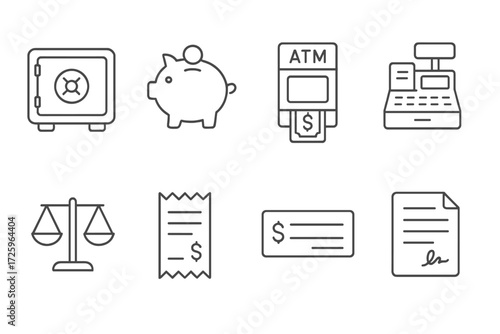 Illustrations depicting financial concepts such as banking, savings, transactions, and legal matters