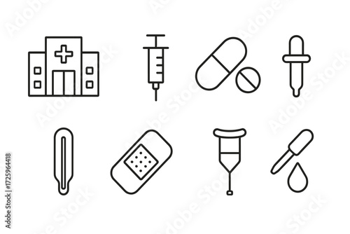 Medical symbols representing healthcare, treatment tools, and wellness activities