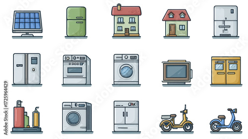 Vector Icon Set of Household Appliances Home and Transportation.