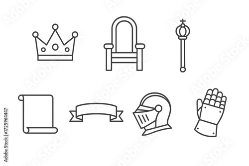 Collection of medieval-themed symbols including crown, throne, staff, and knight's armor gear on a simple backdrop