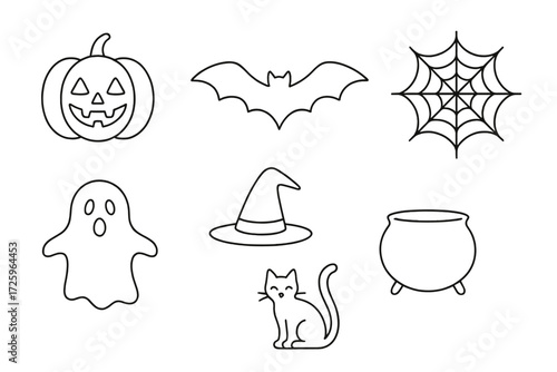 Halloween themed illustrations featuring a pumpkin, bat, ghost, witch hat, cat, spider web, and cauldron
