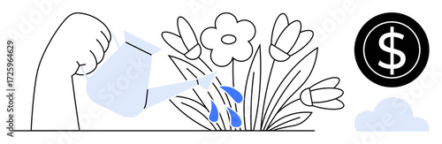 Watering can pouring drops onto flowers amid dollar sign and cloud, symbolizing investment, nurturing, financial growth, opportunity, sustainability, development, and progress. Minimalist flat