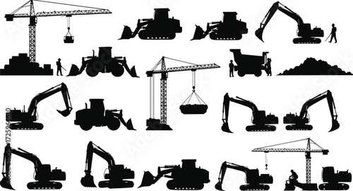Black silhouettes of heavy construction machinery, including excavators, bulldozers, and cranes, with workers and piles of dirt, isolated on white background