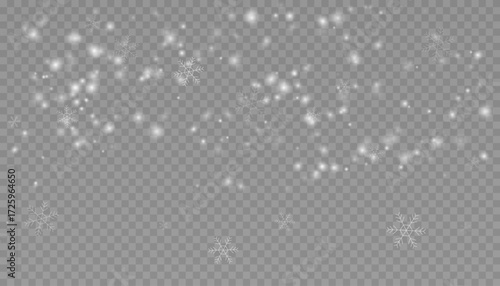 Falling snow with snowflakes overlay on transparent background.