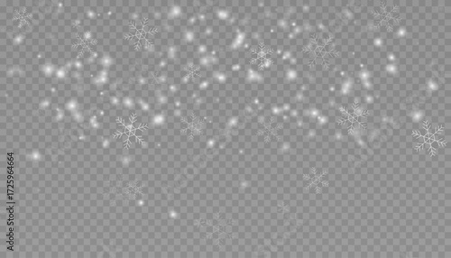 Falling snow with snowflakes overlay on transparent background.