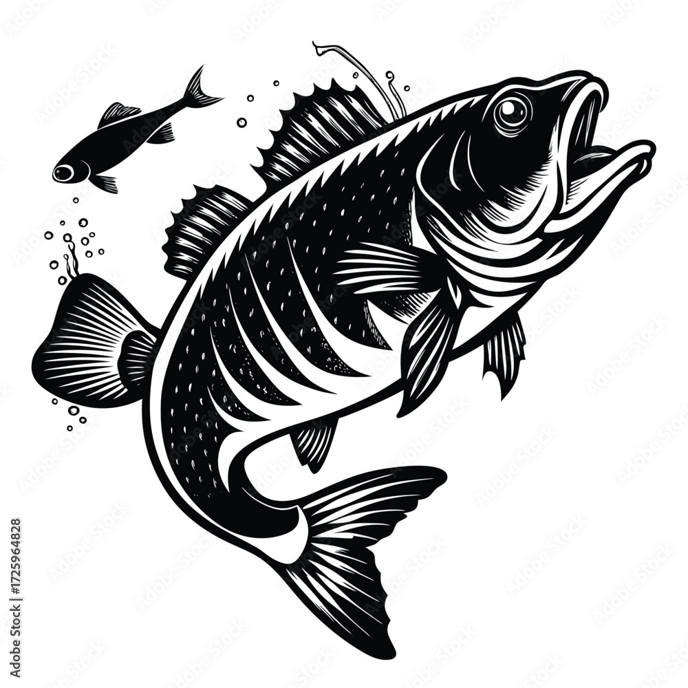 Fototapeta premium Black and White Silhouette of Predatory Fish with Bubbles and Motion
