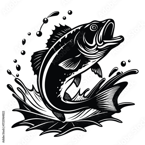 Black and White Silhouette of Predatory Fish with Bubbles and Motion